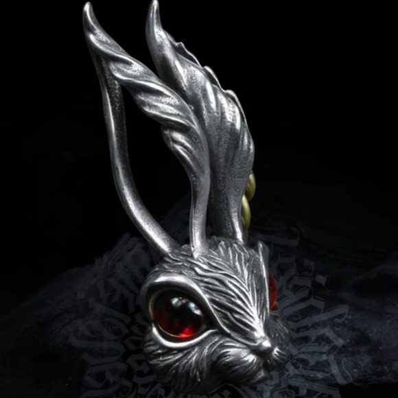 Punk Rock Rabbit- Bunny Hare Red Garnet Eyes Pierced Ears Animal Silver Necklace - Picture 2 of 16